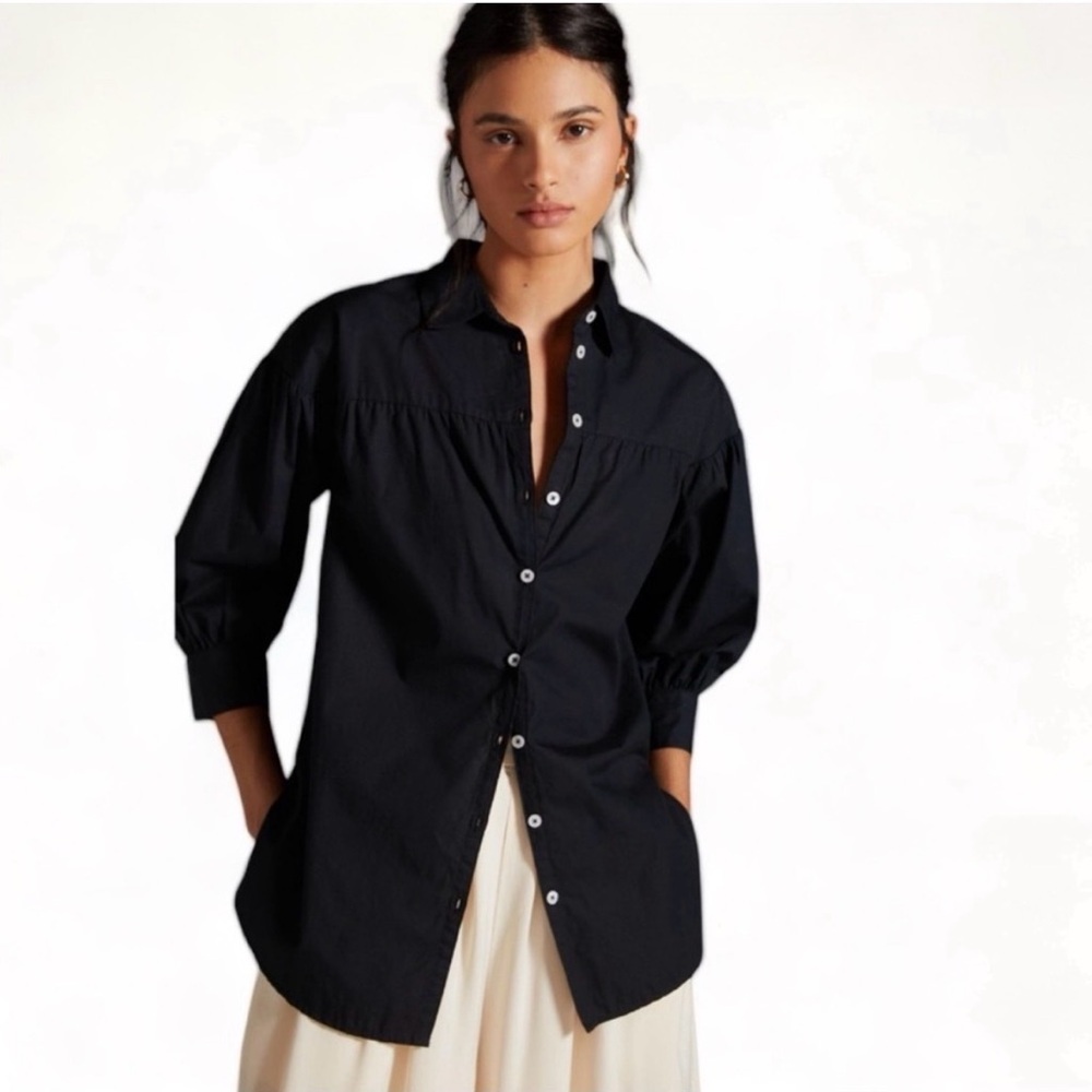 Maeve by Anthropologie Black Button-Front 3/4 Sleeve Shirt